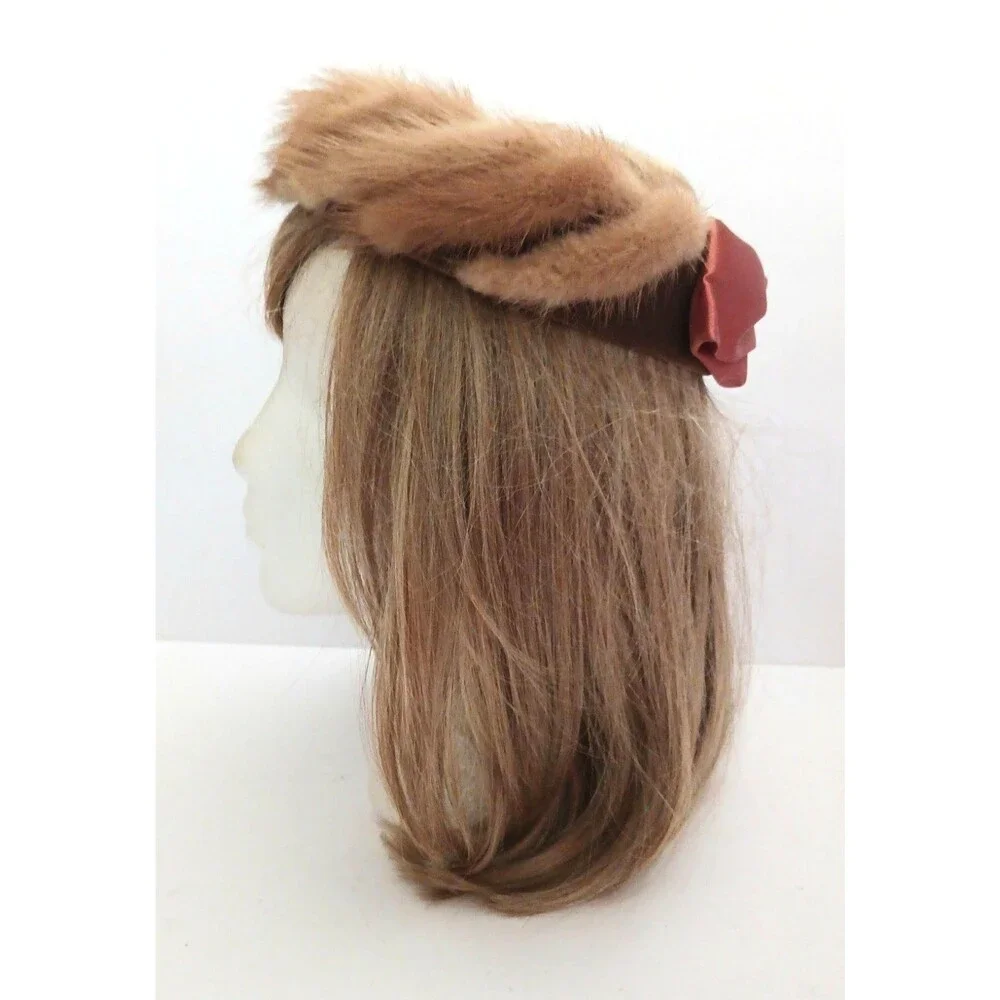 VTG Mink / Velvet Circle Hat Bronze Satin Bow Open Crown O/S